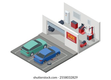 Isometric, Mechanic at a garage workshop. Wheel and tire installation services. Transportation solutions, tire maintenance, and computerized balancing equipment.