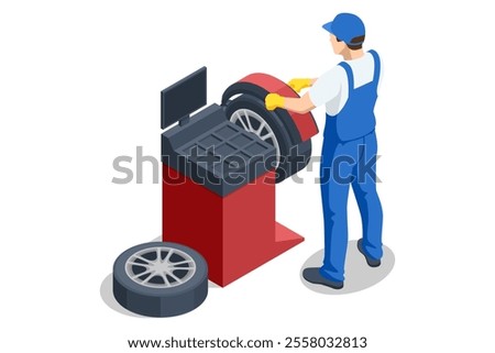 Isometric, Mechanic at a garage workshop. Wheel and tire installation services. Transportation solutions, tire maintenance, and computerized balancing equipment.