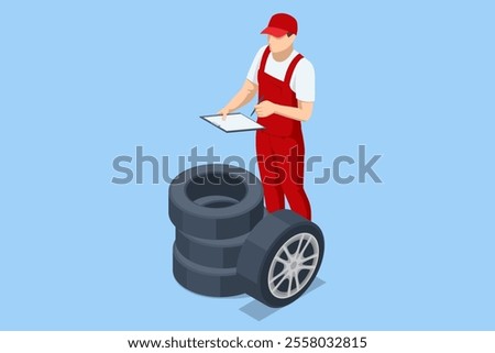 Isometric, Mechanic at a garage workshop. Wheel and tire installation services. Transportation solutions, tire maintenance, and computerized balancing equipment.