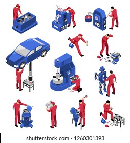 Isometric mechanic professional set of isolated machinery devices special equipment for automobile repair with workers vector illustration