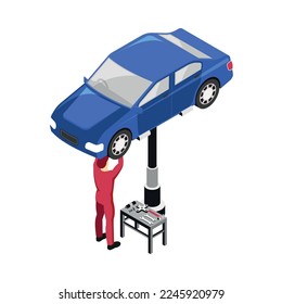 Isometric mechanic repairing car at service centre 3d vector illustration