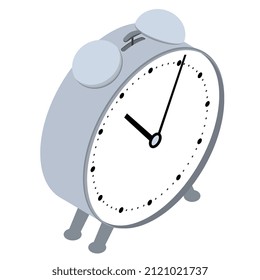 Reloj de alarma mecánico isométrico en piernas al estilo de dibujos animados aislado en blanco. Campanas con martillo en la parte superior. Ilustración vectorial.
