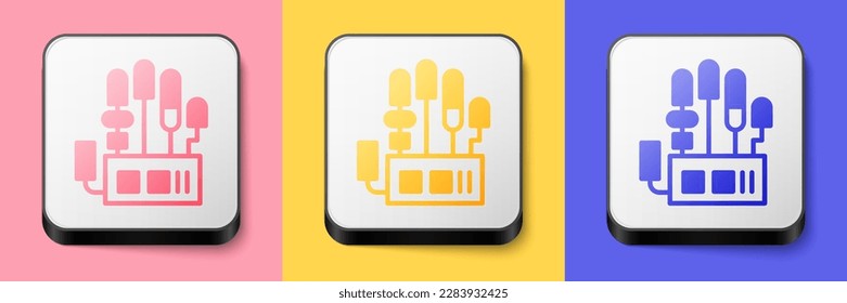 Isometric Mechanical robot hand icon isolated on pink, yellow and blue background. Robotic arm symbol. Technological concept. Square button. Vector