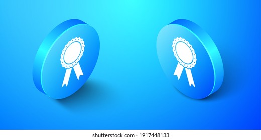 Isometric Medal badge with ribbons icon isolated on blue background. Blue circle button. Vector.