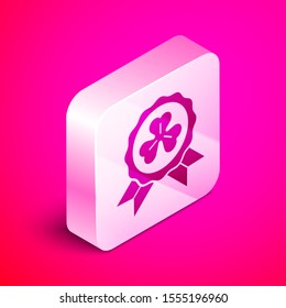 Isometric Medal with four leaf clover icon isolated on pink background. Happy Saint Patrick day. Silver square button. Vector Illustration