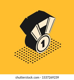 Isometric Medal icon isolated on yellow background. Winner symbol.  Vector Illustration