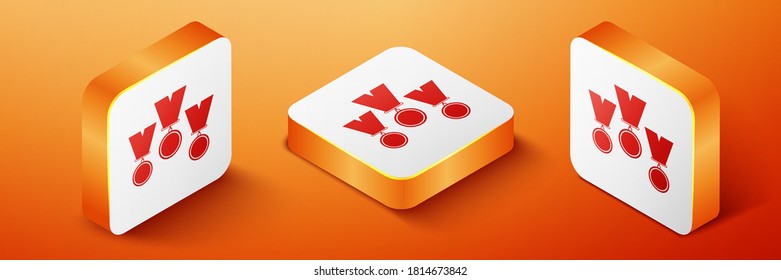 Isometric Medal set icon aislado en el fondo naranja. Simbol ganador. Botón cuadrado naranja. Vector.