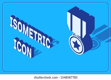 Isometric Medal with star icon isolated on blue background. Winner achievement sign. Award medal.  Vector Illustration