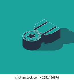 Isometric Medal with star icon isolated on green background. Winner achievement sign. Award medal.  Vector Illustration