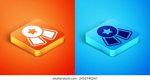 Isometric Medal with star icon isolated on orange and blue background. Winner symbol.  Vector