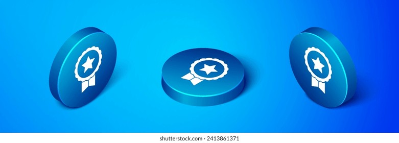 Medalla isométrica con icono estrella aislado en fondo azul. Signo de logro ganador. Medalla de premio. Botón de círculo azul. Vector