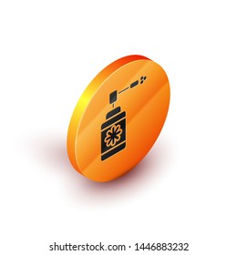 Isometric Medical bottle with nozzle spray for the treatment of diseases of the nose and throat icon isolated on white background. Orange circle button. Vector Illustration