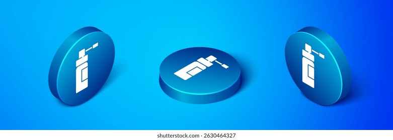Isometric Medical bottle with nozzle spray for the treatment of diseases of the nose and throat icon isolated on blue background. Blue circle button. Vector Illustration
