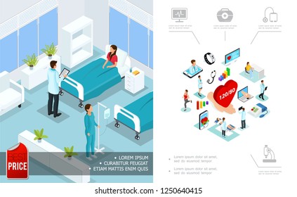 Isometric medical care concept with doctor visiting patient in hospital room and digital medicine elements vector illustration