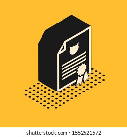 Isometric Medical certificate for travel with dog or cat icon isolated on yellow background. Document for pet. Dog or cat paw print.  Vector Illustration