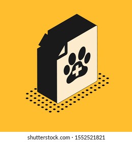 Isometric Medical certificate for travel with dog or cat icon isolated on yellow background. Document for pet. Dog or cat paw print.  Vector Illustration