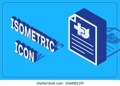 Isometric Medical certificate for travel with dog or cat icon isolated on blue background. Document for pet.  Vector Illustration