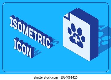 Isometric Medical certificate for travel with dog or cat icon isolated on blue background. Document for pet. Dog or cat paw print.  Vector Illustration