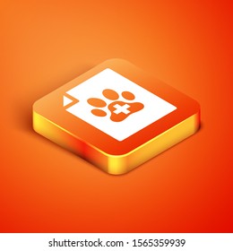 Isometric Medical certificate for travel with dog or cat icon isolated on orange background. Document for pet. Dog or cat paw print.  Vector Illustration