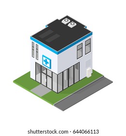 Isometric Medical Clinic Hospital Icon. Vector Illustration Of A New Doctor’s Surgery Or Emergency Services Center.