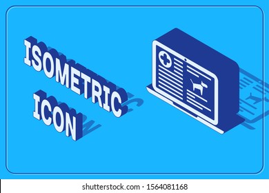 Isometric Medical clinical record dog on laptop icon isolated on blue background. Health insurance form. Prescription, medical check marks report.  Vector Illustration