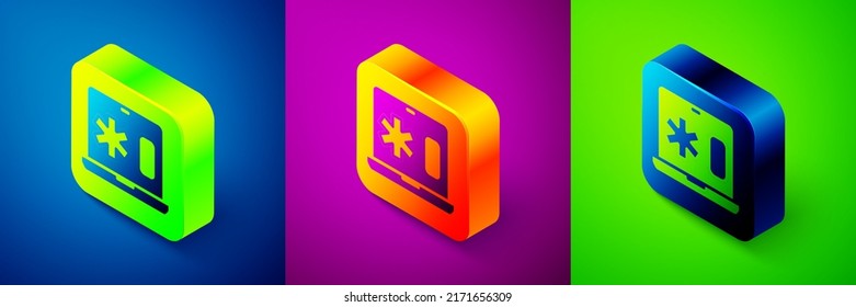 Isometric Medical clinical record on laptop icon isolated on blue, purple and green background. Health insurance form. Medical check marks report. Square button. Vector