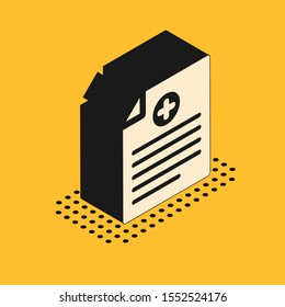 Isometric Medical clipboard with clinical record icon isolated on yellow background. Health insurance form. Prescription, medical check marks report.  Vector Illustration