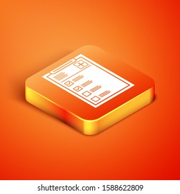 Isometric Medical clipboard with clinical record icon isolated on orange background. Health insurance form. Prescription, medical check marks report.  Vector Illustration