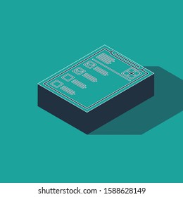 Isometric Medical clipboard with clinical record icon isolated on green background. Health insurance form. Prescription, medical check marks report.  Vector Illustration