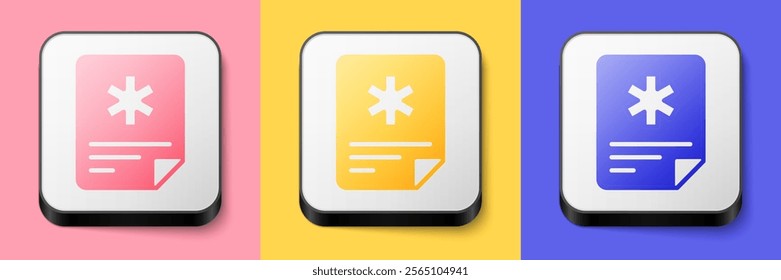 Isometric Medical clipboard with clinical record icon isolated on pink, yellow and blue background. Prescription, medical check marks report. Square button. Vector