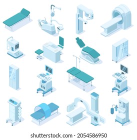 Isometric medical diagnostic, hospital health equipment. Medical scanner MRI, x-ray scanner and dental chair vector illustration. Ambulance technology equipment. Medical x-ray diagnostic and mri 3d