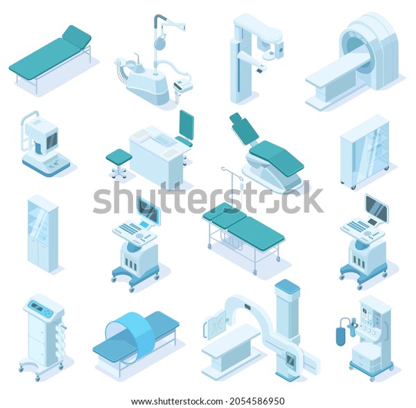 Isometric medical diagnostic, hospital health\
equipment. Medical scanner MRI, x-ray scanner and dental chair\
vector illustration. Ambulance technology equipment. Medical x-ray\
diagnostic and mri\
3d