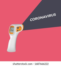 Isometric Medical Digital Non-Contact Infrared Thermometer. It measures the ambient and body temperature without contact with colored warning symbols.