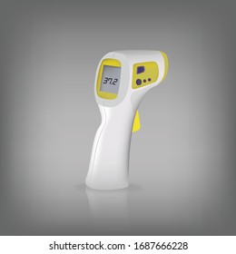 Isometric Medical Digital Non-Contact Infrared Thermometer. It measures the ambient and body temperature without contact with colored warning symbols.