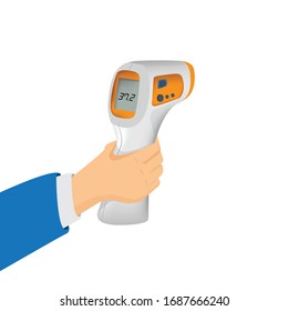 Isometric Medical Digital Non-Contact Infrared Thermometer. It measures the ambient and body temperature without contact with colored warning symbols.