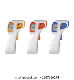 Isometric Medical Digital Non-Contact Infrared Thermometer. It measures the ambient and body temperature without contact with colored warning symbols.