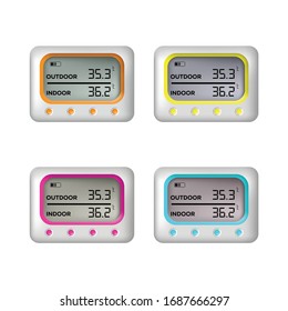 Isometric Medical Digital Non-Contact Infrared Thermometer. It measures the ambient and body temperature without contact with colored warning symbols.
