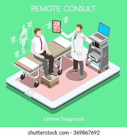 Isometric Medical Doctor Clinic Consulting Online Private Appointment Remote Checkup Medical Infographic. Hospital 3D High Tech Medicine Clinic Healthcare Patient Interview Isometric People Vector 3D