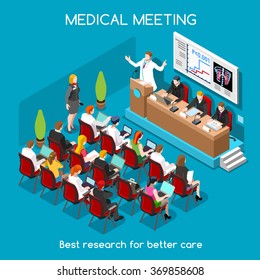 Isometric Medical Doctor Event Clinic Medicine Healthcare Treatment Meeting Room Workshop Hospital Flat 3d Isometric People Conference Medical Doctor Speaker Public Auditorium Vector 3D Illustration