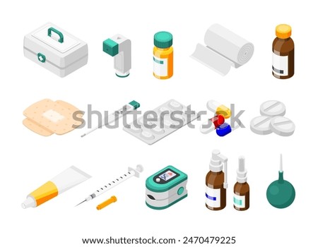 Isometric medical equipment and first aid kit. Pills, bandage, cream tube and bottles. Pharmacy and hospital elements, flawless vector clipart