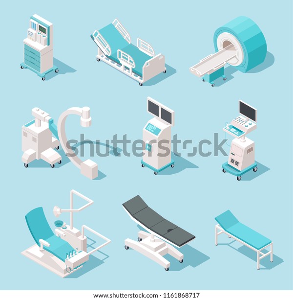 等角投影医療器具 病院の診断ツール ヘルスケア技術3dマシンのベクター画像セット 医療機器 X線 共鳴装置 モニターmriイラスト のベクター画像素材 ロイヤリティフリー