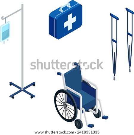 Isometric medical equipment including wheelchair, IV drip, first aid kit, and crutches. Healthcare and hospital tools vector illustration.