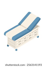 Isometric medical examination table with adjustable sections, storage drawers, and wheels. Modern design for hospitals, clinics, and healthcare facilities. Vector illustration isolated on white.