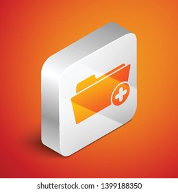 Isometric Medical health record folder for healthcare icon isolated on orange background. Patient file icon. Medical history symbol. Silver square button. Vector Illustration
