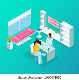 Isometric medical heart care template with patient visiting cardiologist for health treatment and monitoring vector illustration