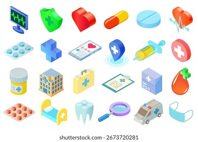 Isometric medical icons vector set. Collection of health care 3D rendered Isometry style vector icons isolated on white background