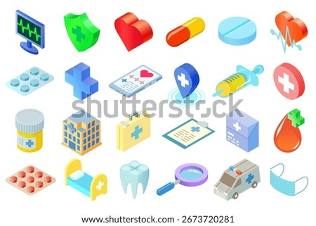 Isometric medical icons vector set. Collection of health care 3D rendered Isometry style vector icons isolated on white background