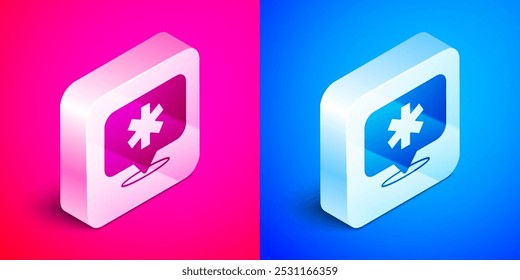 Isometric Medical map pointer with cross hospital icon isolated on pink and blue background. Silver square button. Vector