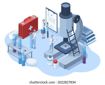 Isometric medical pharmaceutical research 3d laboratory. Science chemical laboratory scientists characters vector illustration. Genetic research and pharmaceutical developing. Blood analysis