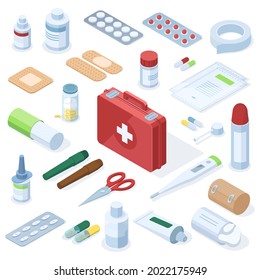 Isometric medical pharmacy first aid kit equipment. Medical equipment, pharmacy medication, pills, patch, spray, syringe vector illustration set. Urgency medicine treatment. Healthcare tools